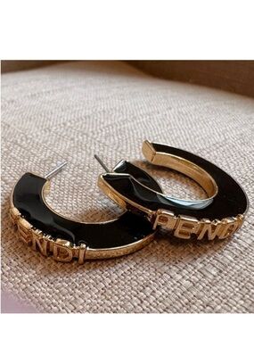 Fendi Black and Gold Logo Hoop Earrings